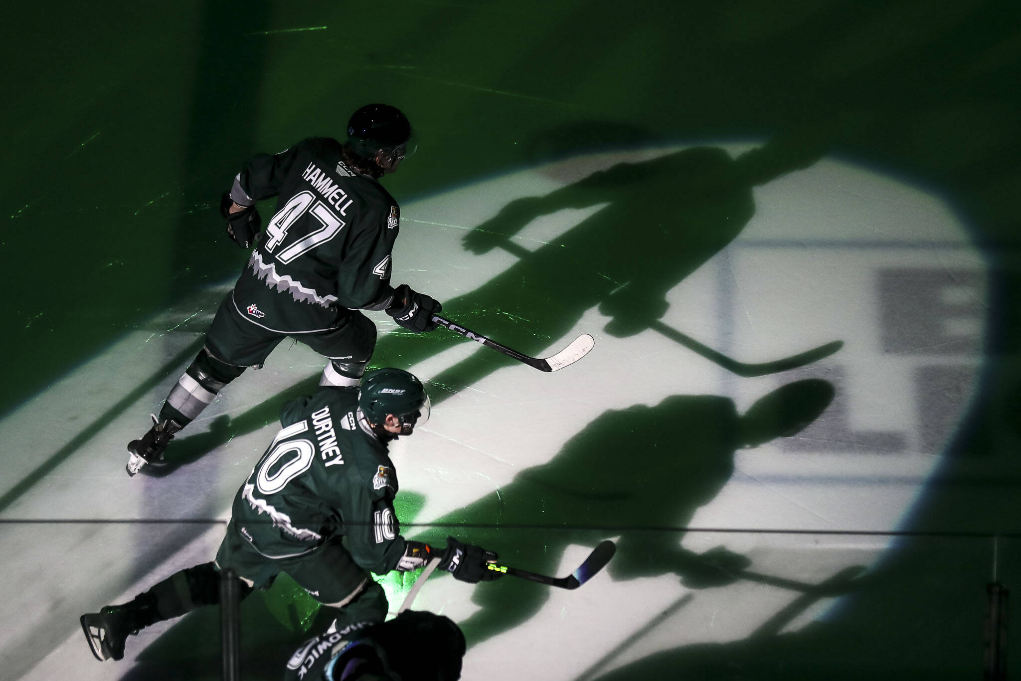 Silvertips’ Kaden Hammell (47) enters the rink during a game between the Everett Silvertips and the Tri-City Americans at the Angel of the Winds Arena on Sunday, March 24, 2024 in Everett, Washington. (Annie Barker / The Herald)