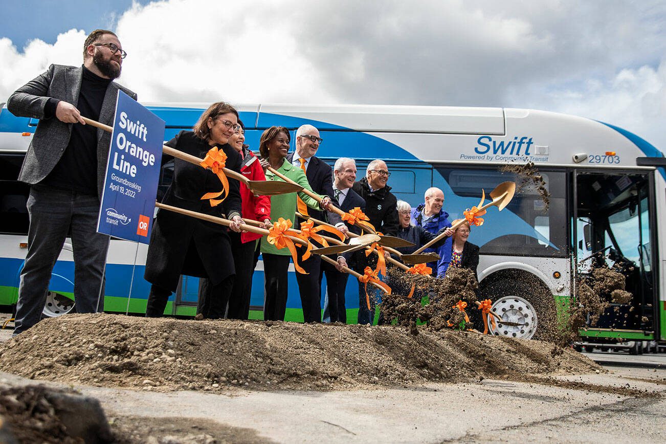 Washington state senators and representatives along with Governor Inslee and FTA Administrator Nuria Fernandez break ground at the Swift Orange Line on Tuesday, April 19, 2022 in Lynnwood, Washington. (Olivia Vanni / The Herald)