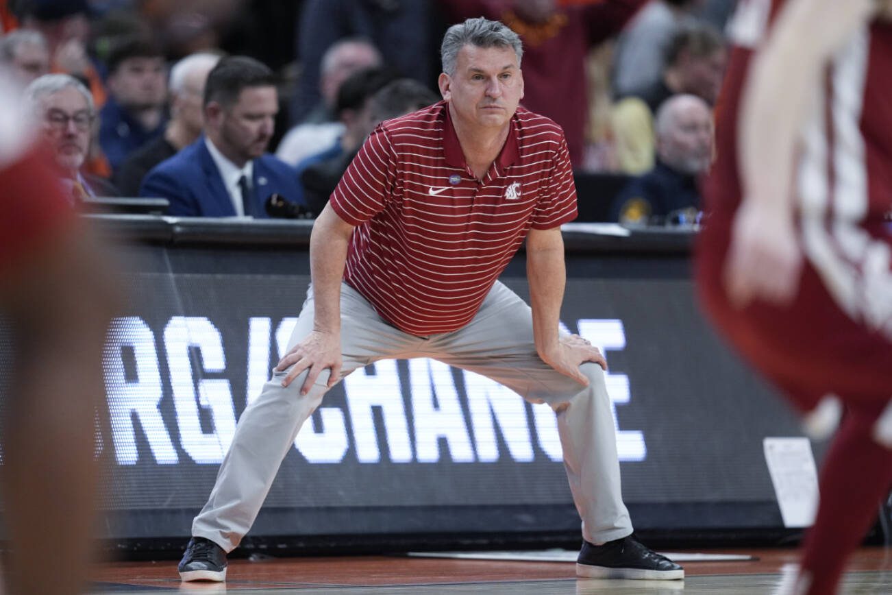 Washington State head coach Kyle Smith watches his team play against Iowa State in the second half of a second-round college basketball game in the NCAA Tournament, Saturday, March 23, 2024, in Omaha, Neb. (AP Photo/Charlie Neibergall)
