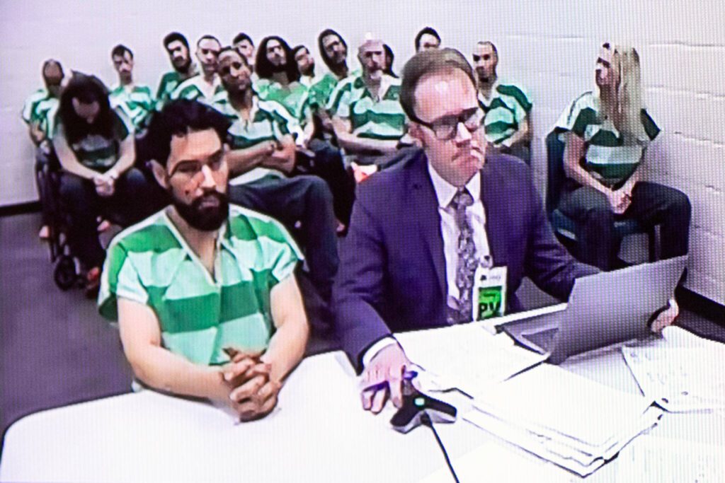 Raul Benitez Santana appears in court via video on charges of vehicular homicide Monday, March 4, 2024, at Snohomish County Superior Court in Everett, Washington. (Ryan Berry / The Herald)
