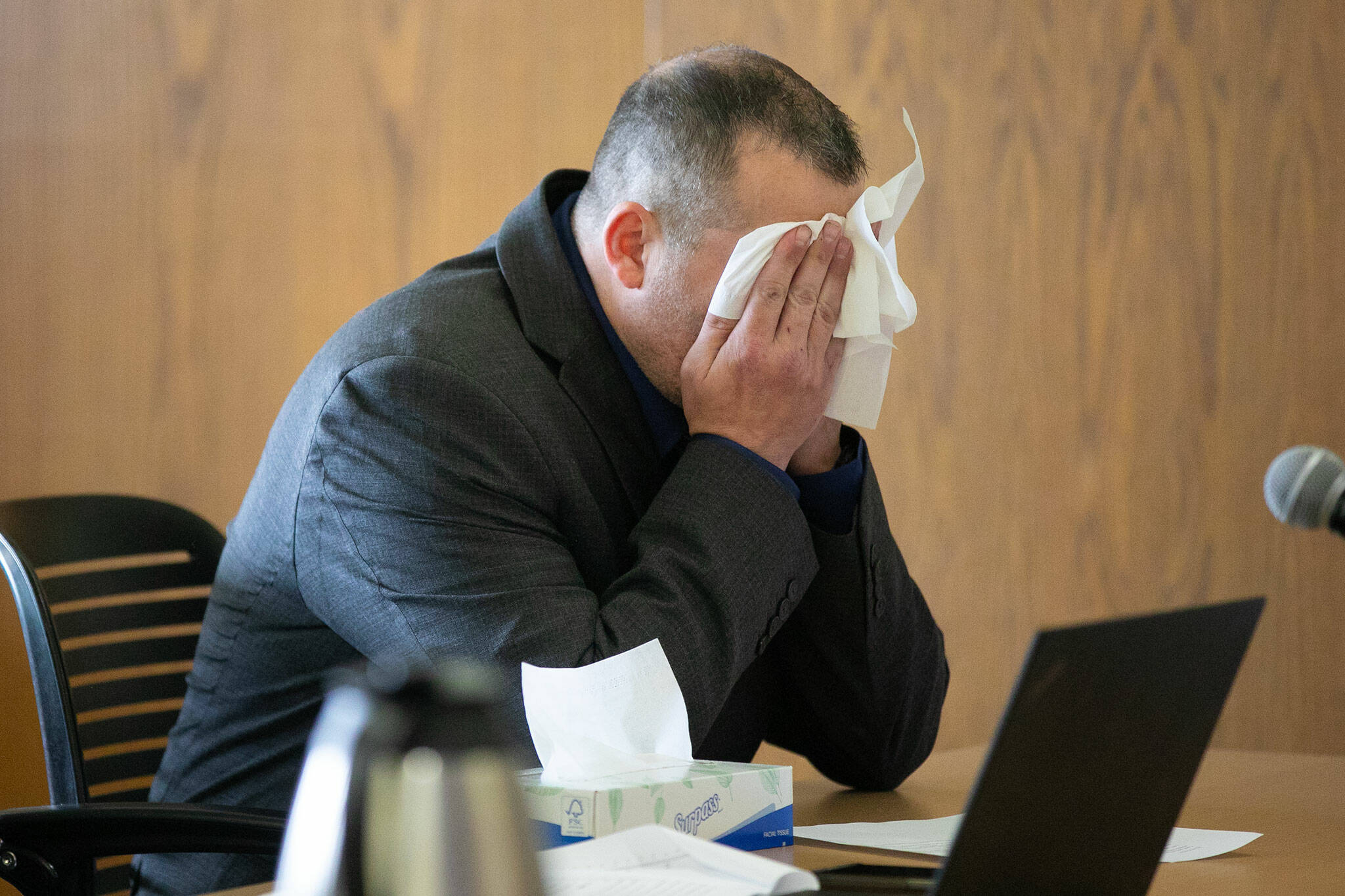 Former Snohomish County sheriff’s deputy Jeremie Zeller, right, appears in court for sentencing on multiple counts of misdemeanor theft Wednesday, March 27, 2024, at Snohomish County Superior Court in Everett, Washington. (Ryan Berry / The Herald)