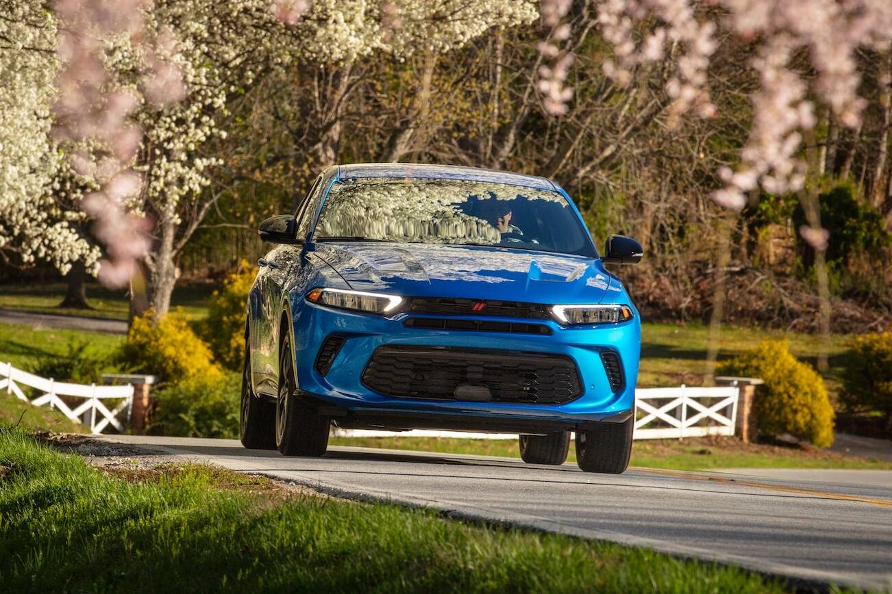 The 2024 Dodge Hornet R/T hybrid’s face has the twin red lines signifying the brand’s focus on performance. (Dodge)