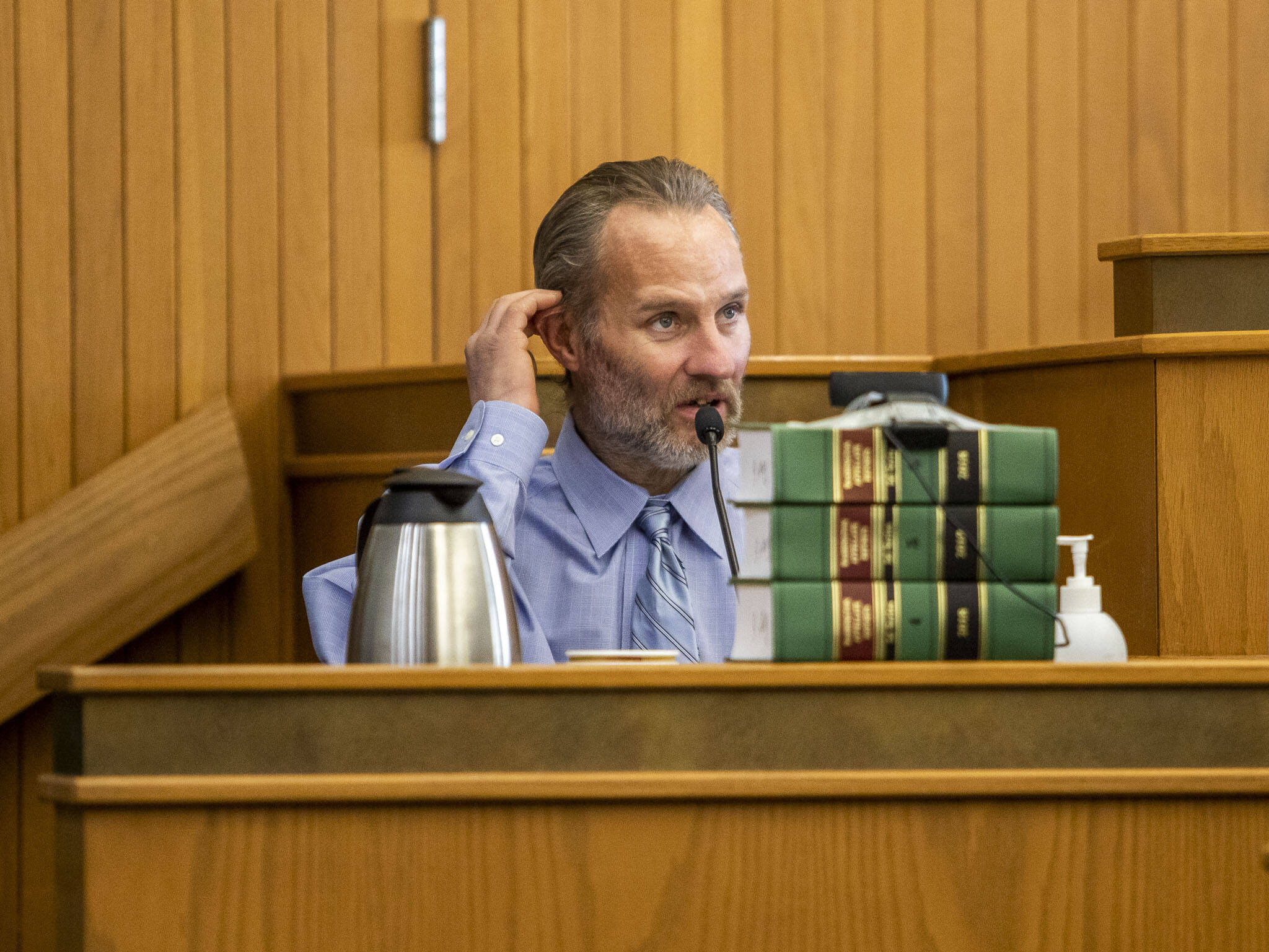 T.J. Peters testifies during the murder trial of Alan Dean at the Snohomish County Courthouse on Tuesday, March 26, 2024 in Everett, Washington. (Olivia Vanni / The Herald)