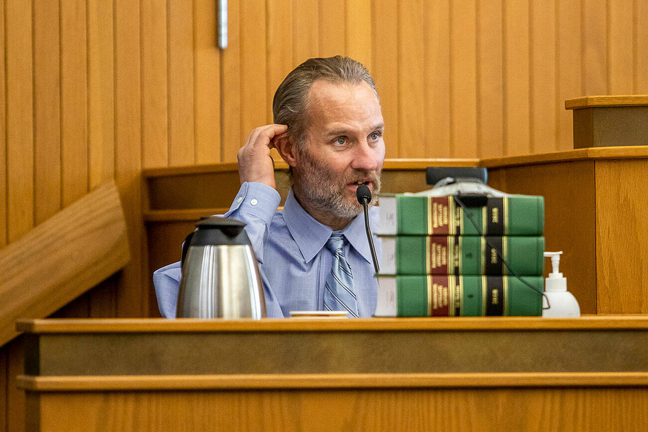 T.J. Peters testifies during the murder trial of Alan Dean at the Snohomish County Courthouse on Tuesday, March 26, 2024 in Everett, Washington. (Olivia Vanni / The Herald)