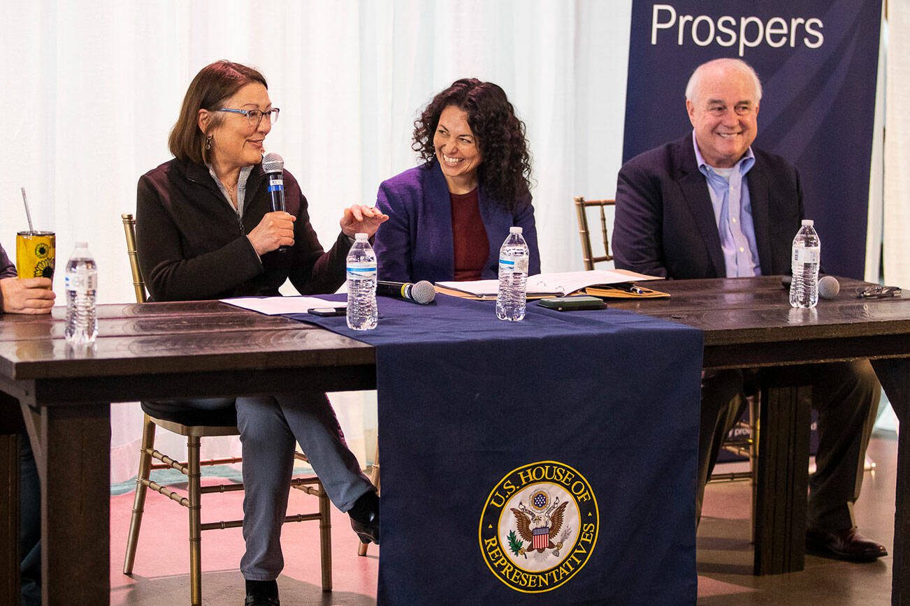 Rep. Suzan DelBene, left, introduces Xichitl Torres Small, center, Undersecretary for Rural Development with the U.S. Department of Agriculture during a talk at Thomas Family Farms on Monday, April 3, 2023, in Snohomish, Washington. (Olivia Vanni / The Herald)