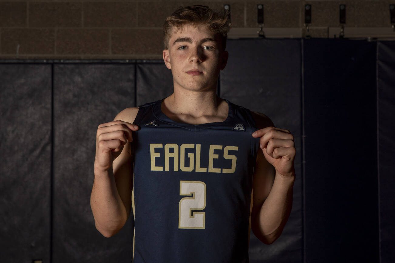 Arlington’s Leyton Martin (2) poses for a photo at Arlington High School on Sunday, March 24, 2024 in Arlington, Washington. (Annie Barker / The Herald)