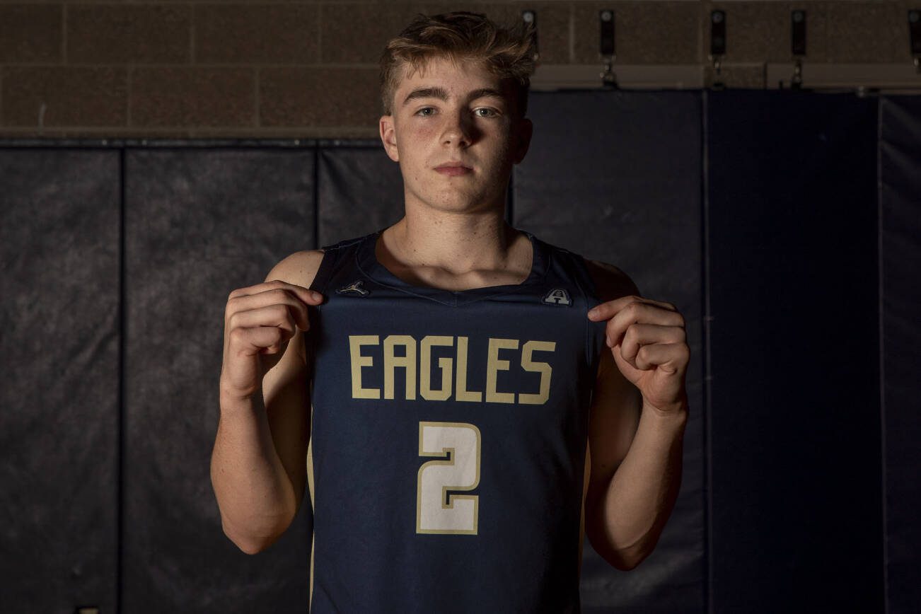 Arlington’s Leyton Martin (2) poses for a photo at Arlington High School on Sunday, March 24, 2024 in Arlington, Washington. (Annie Barker / The Herald)