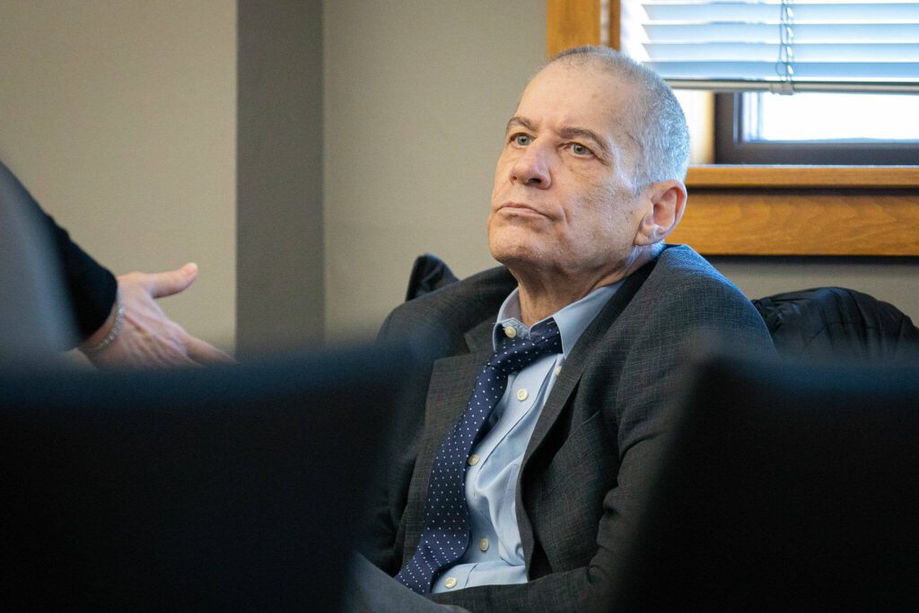 Alan Dean, who is accused of the 1993 strangulation murder of 15-year-old Bothell girl Melissa Lee, appears in court during opening statements of his trial on Monday, March 18, 2024, at Snohomish County Superior Court in Everett, Washington. (Ryan Berry / The Herald)
