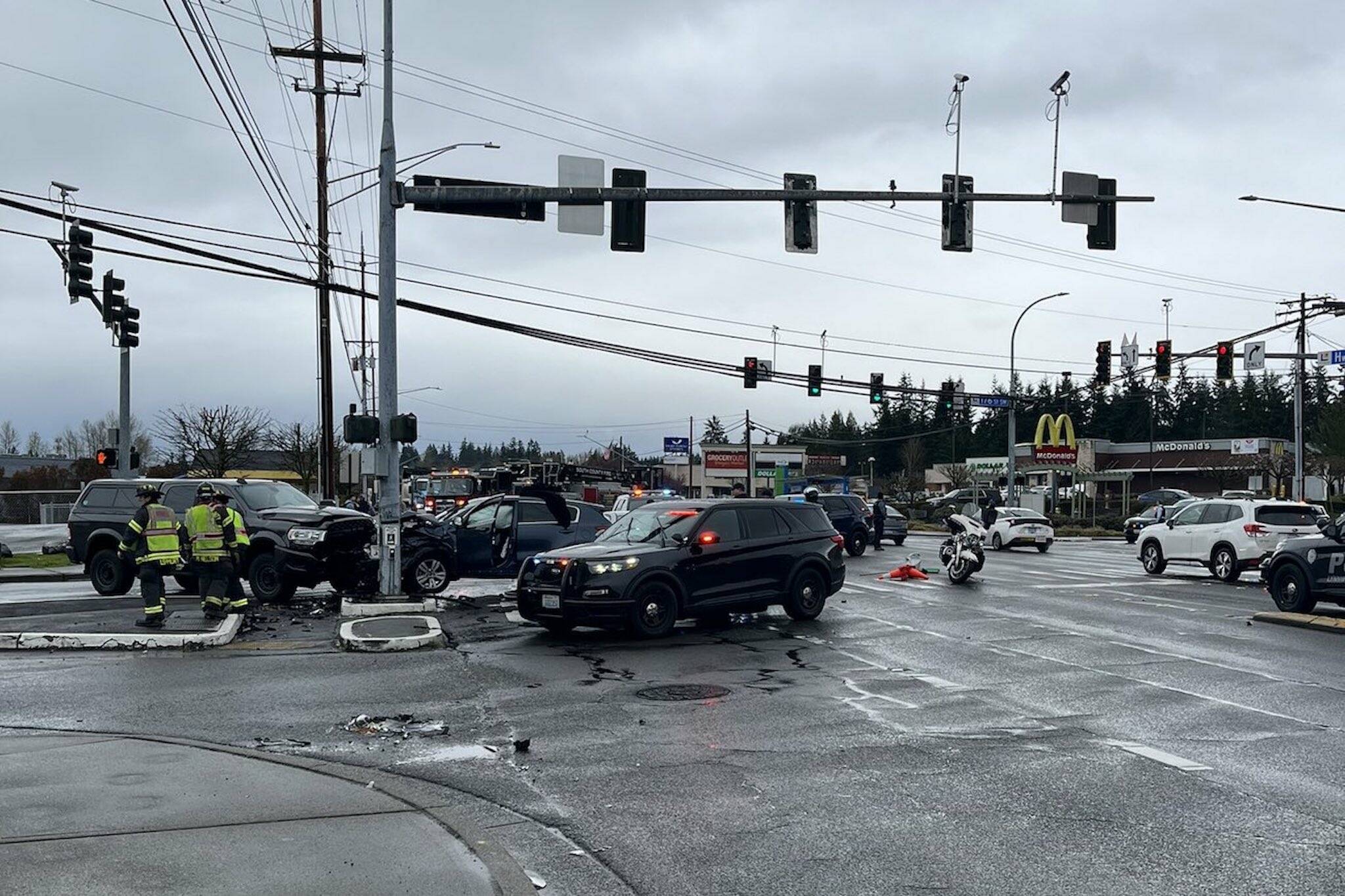 Lynnwood police respond to a collision on Highway 99 at 176th Street SW. (Photo provided by Lynnwood police)