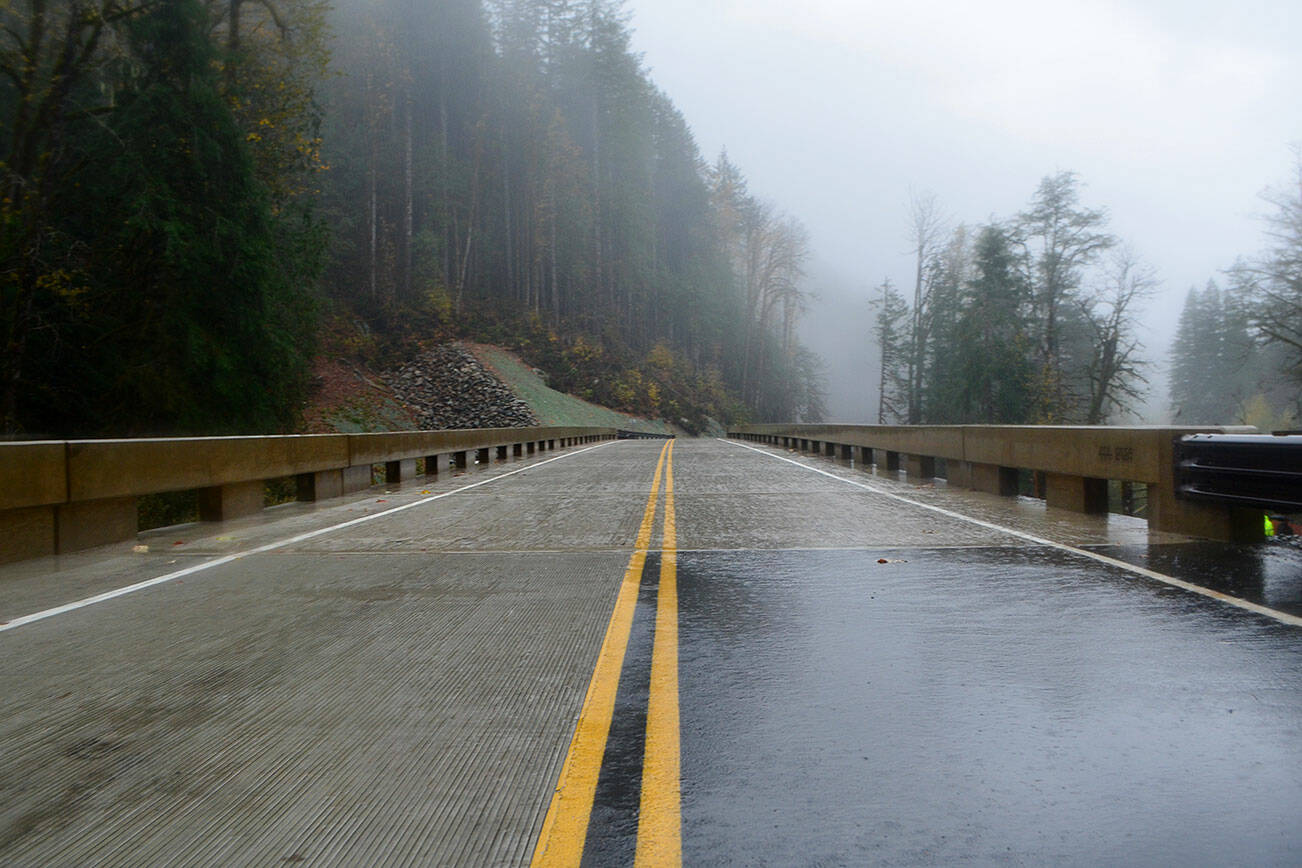 The newly rebuilt section of Index-Galena Road is pictured on Saturday, Nov. 4, 2023, near Index, Washington. (Jordan Hansen / The Herald)