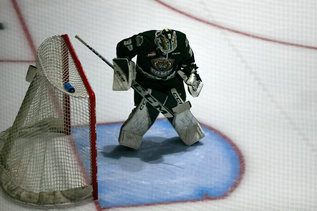 Everett Silvertips goaltender Ethan Chadwick scuffs up the ice before the third period against the Vancouver Giants during the 2024 playoff opener on Friday, March 29, 2024, at Angel of the Winds Arena in Everrett, Washington. (Ryan Berry / The Herald)
