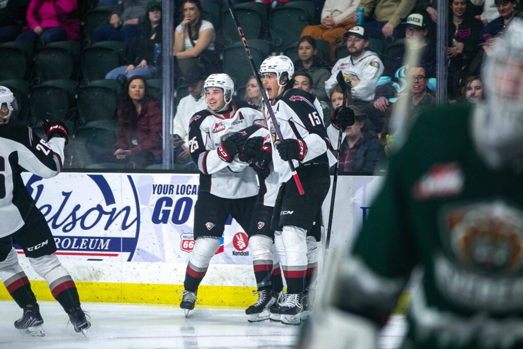 The Vancouver Giants celebrate a goal against the Silvertips during the 2024 playoff opener on Friday, March 29, 2024, at Angel of the Winds Arena in Everrett, Washington. (Ryan Berry / The Herald)
