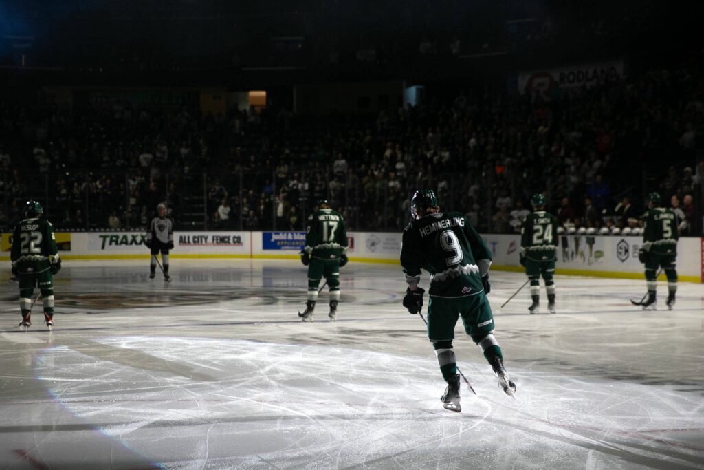 Everett Silvertips captain Ben Hemmerling is introduced prior to the 2024 playoff opener against the Vancouver Giants on Friday, March 29, 2024, at Angel of the Winds Arena in Everrett, Washington. (Ryan Berry / The Herald)
