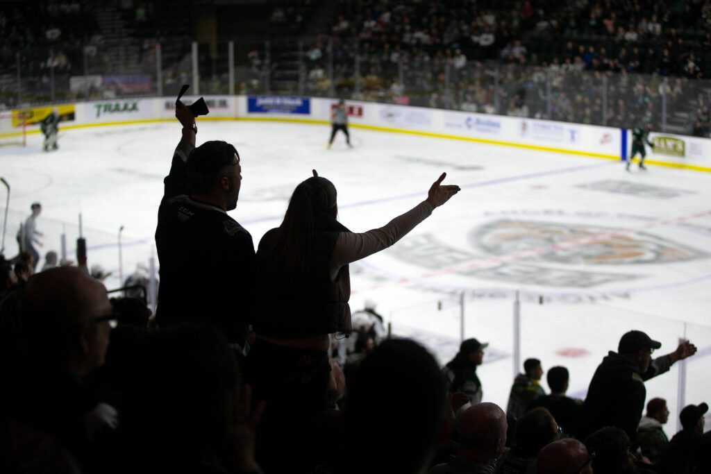 Everett Silvertips fans express their displeasure with the officials during the 2024 playoff opener against the Vancouver Giants on Friday, March 29, 2024, at Angel of the Winds Arena in Everrett, Washington. (Ryan Berry / The Herald)
