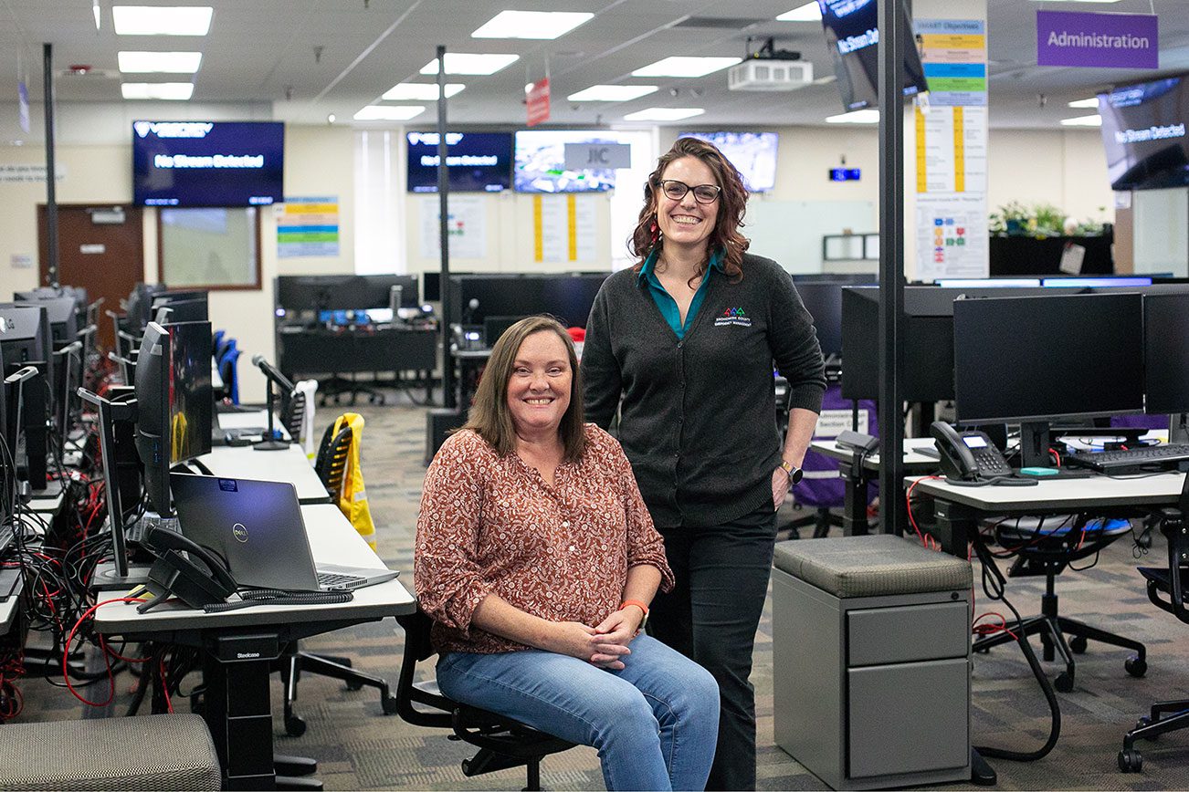 Director Lucia Schmit, right, and Deputy Director Dara Salmon inside the Snohomish County Department of Emergency Management on Friday, March 8, 2024, in Everett, Washington. (Ryan Berry / The Herald)