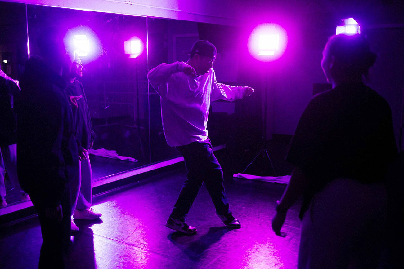 Jon Kim freestyles during a RTHMZ rehearsal Monday, Jan. 22, 2024, in Lynnwood, Washington. (Ryan Berry / The Herald)