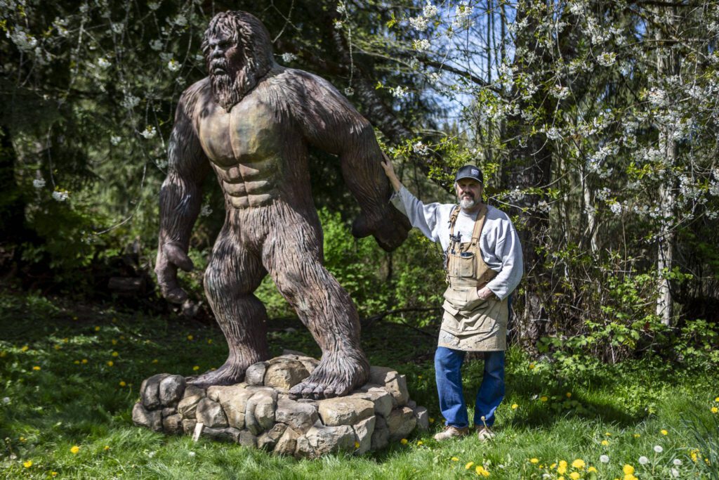 A giant Bigfoot creation made by Terry Carrigan, 60, at his home-based Skywater Studios on Sunday, April 14, 2024 in Monroe, Washington. (Annie Barker / The Herald)
