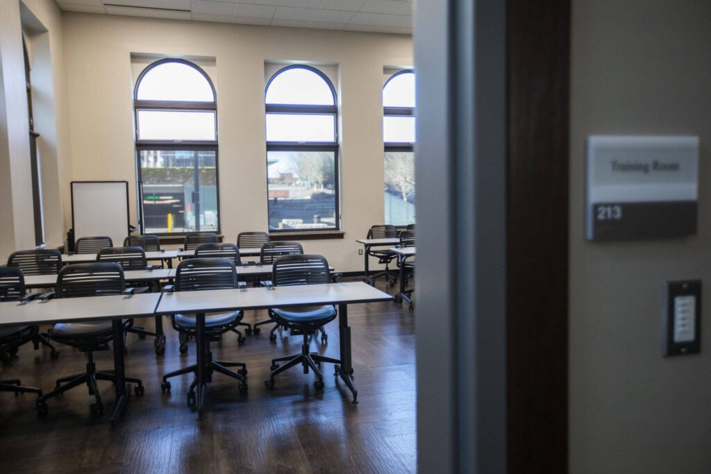 A training room available for use at the Carnegie Resource Center on Friday, Feb. 16, 2024 in Everett, Washington. (Olivia Vanni / The Herald)
