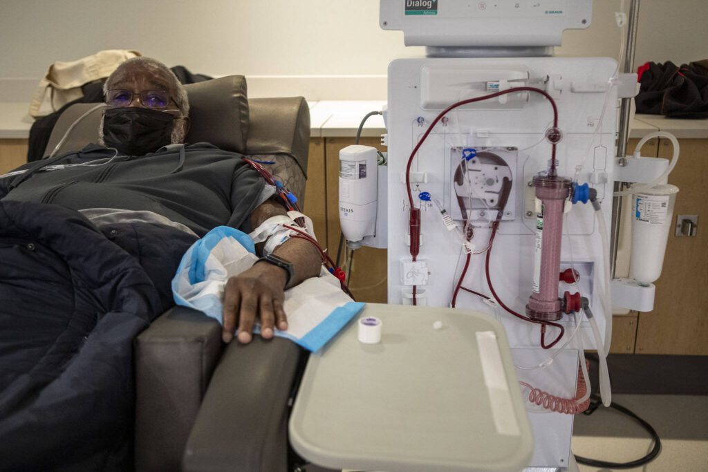 Harold Jones receives dialysis treatment at NW Kidney Dialysis Center on Thursday, April 4, 2024 in Everett, Washington. (Annie Barker / The Herald)
