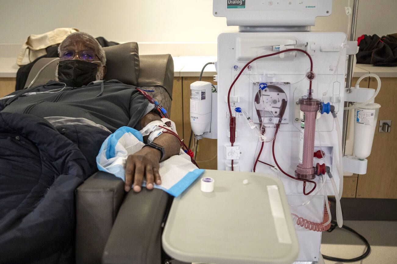 Harold Jones receives dialysis treatment at NW Kidney Dialysis Center on Thursday, April 4, 2024, in Everett, Washington. (Annie Barker / The Herald)