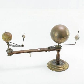 This type of planetarium, called an orrery, models the relative positions and motion of the sun, moon, and Earth. With a strategically placed light source, you could use one to demonstrate an eclipse.
