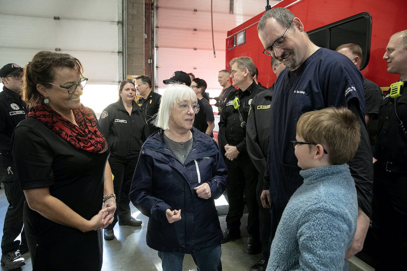 Sen. Patty Murray meets and greets following a discussion at Everett Fire Department’s Station 1 about the city’s opioid crisis Thursday, Feb. 22, 2024, in Everett, Washington. (Ryan Berry / The Herald)
