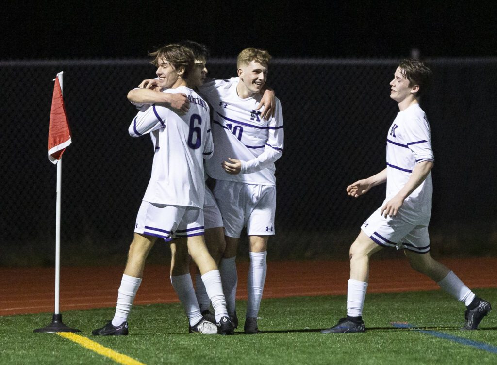 Kamiak players run over to congratulate Kaloyan Iliev on his goal during the game against Glacier Peak on Monday, April 1, 2024 in Snohomish, Washington. (Olivia Vanni / The Herald)
