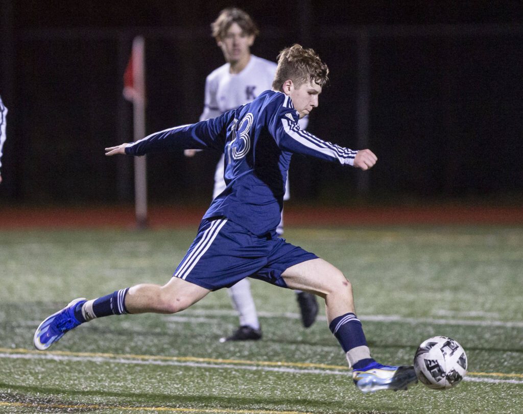 Glacier Peak’s Tyler Larsen takes a shot on goal during the game against Kamiak on Monday, April 1, 2024 in Snohomish, Washington. (Olivia Vanni / The Herald)
