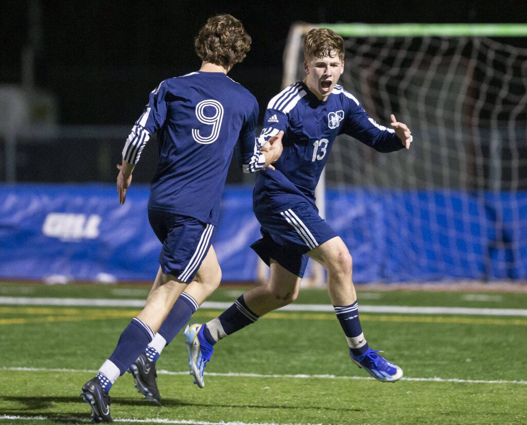 Glacier Peak’s Tyler Larsen celebrates scoring a goal during the game against Kamiak on Monday, April 1, 2024 in Snohomish, Washington. (Olivia Vanni / The Herald)
