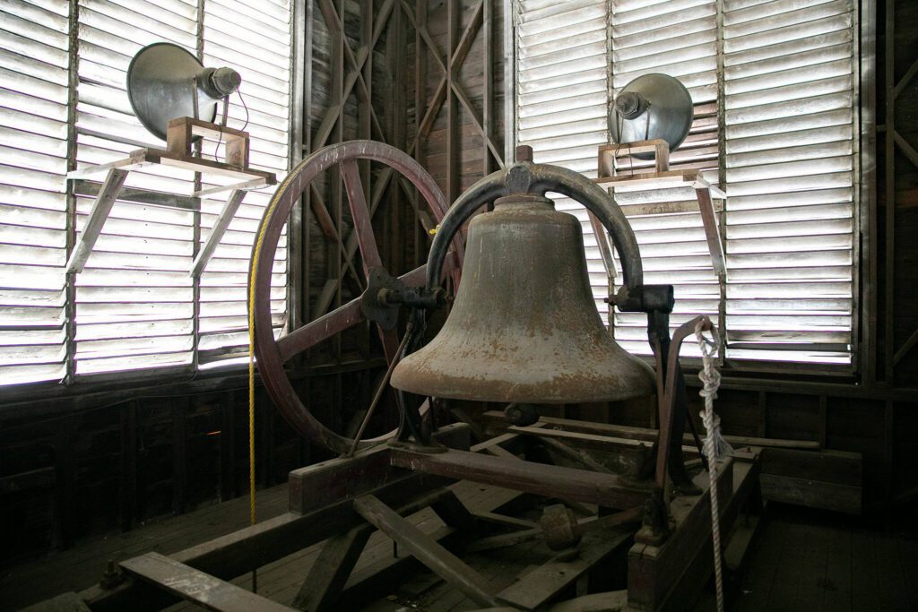 A giant 50-inch bell still rings out from the bell tower at Zion Lutheran Church on Monday, April 1, 2024, in Snohomish, Washington. The speakers above used to amplify the bell and play Christmas records during December. (Ryan Berry / The Herald)
