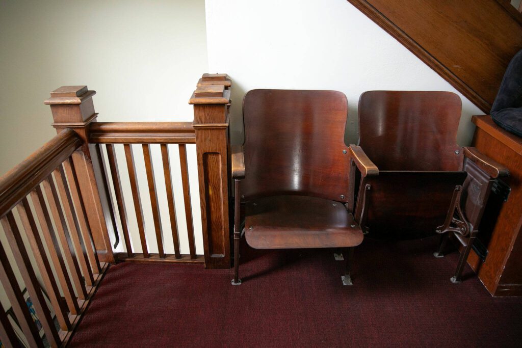 Two “kid-eater” chairs are found on the second floor at Zion Lutheran Church on Monday, April 1, 2024, in Snohomish, Washington. (Ryan Berry / The Herald)
