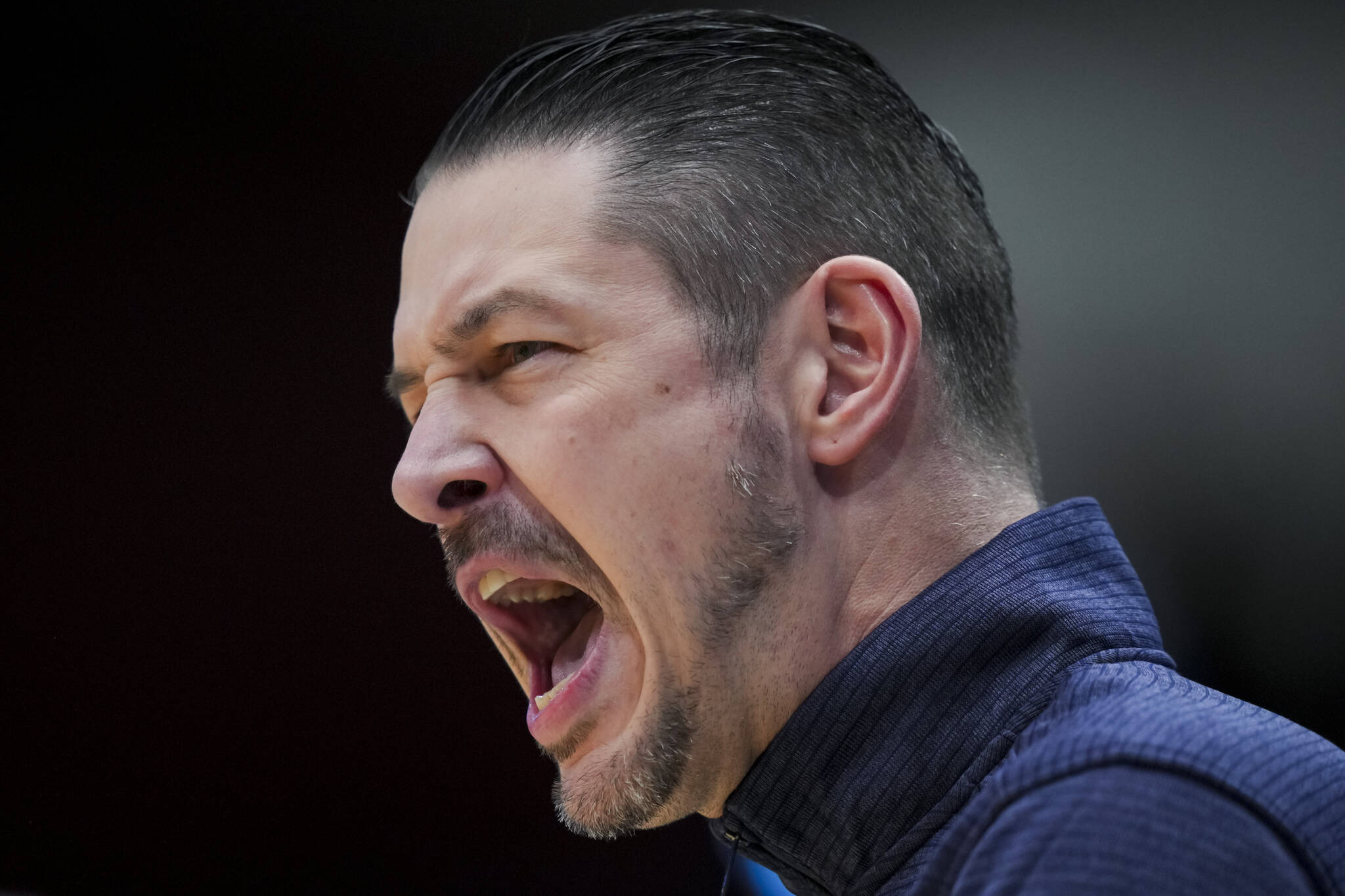 Montana State coach Matt Logie shouts during the first half of the team’s First Four game against Grambling State in the NCAA men’s college basketball tournament March 20 in Dayton, Ohio. (AP Photo/Aaron Doster)