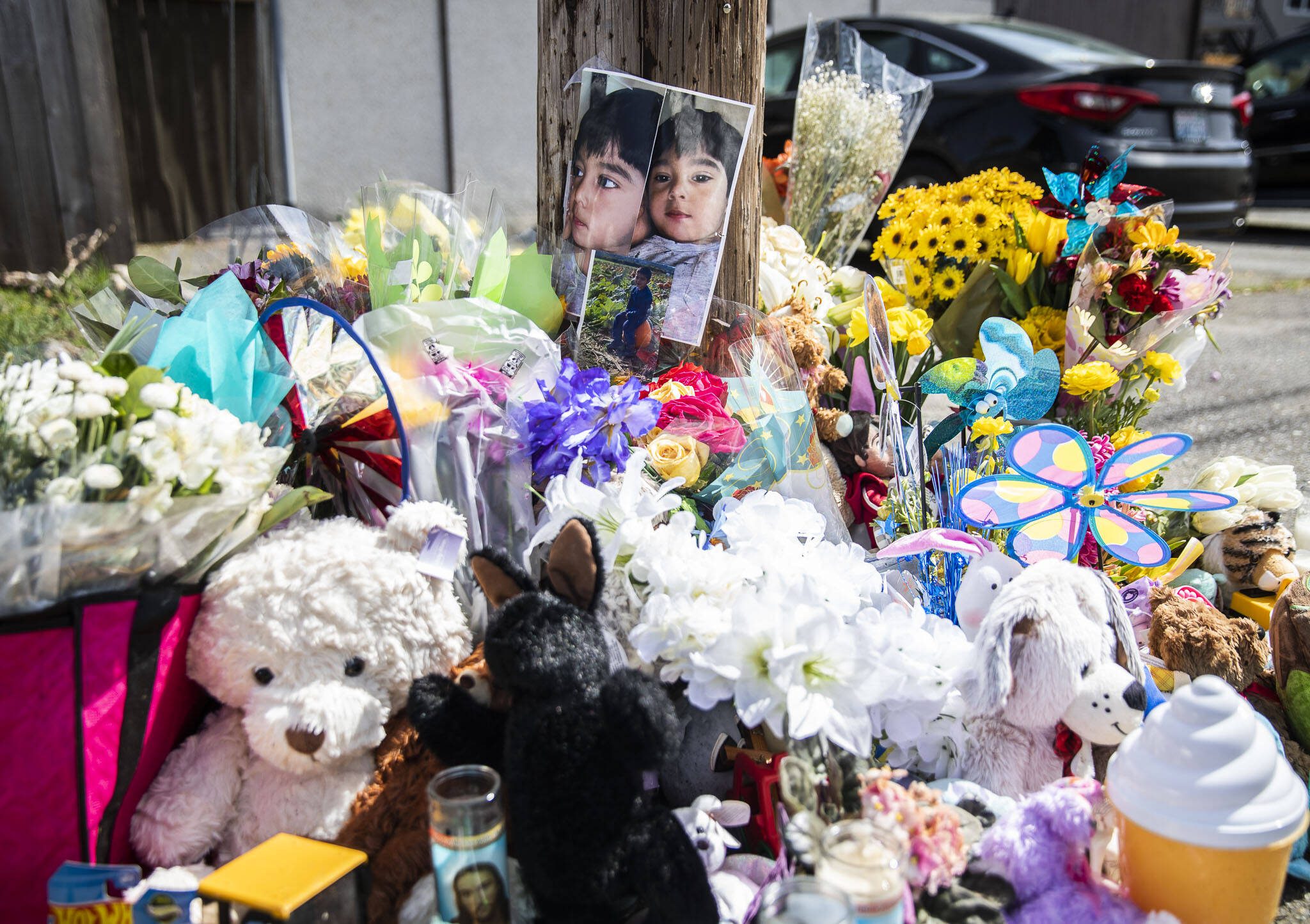 A memorial with small gifts surrounds a utility pole along with a photograph of Ariel Garcia at the corner of Alpine Drive and Vesper Drive on Wednesday, April 10, 2024 in Everett, Washington. (Olivia Vanni / The Herald)