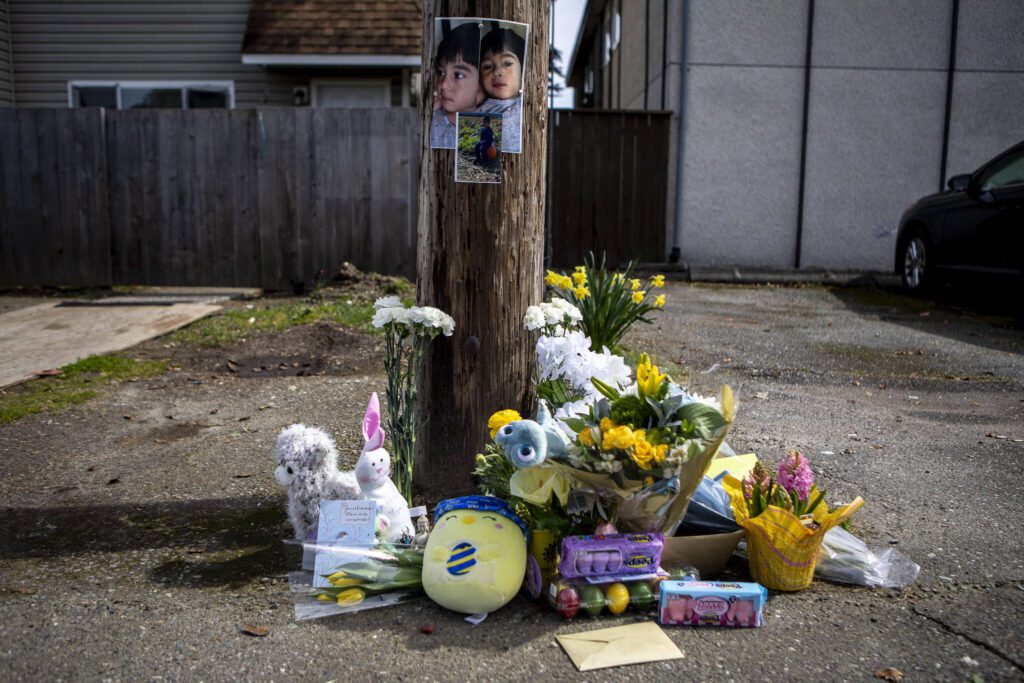 A tribute to Ariel Garcia in his neighborhood on Saturday, March 30, 2024 in Everett, Washington. (Annie Barker / The Herald)
