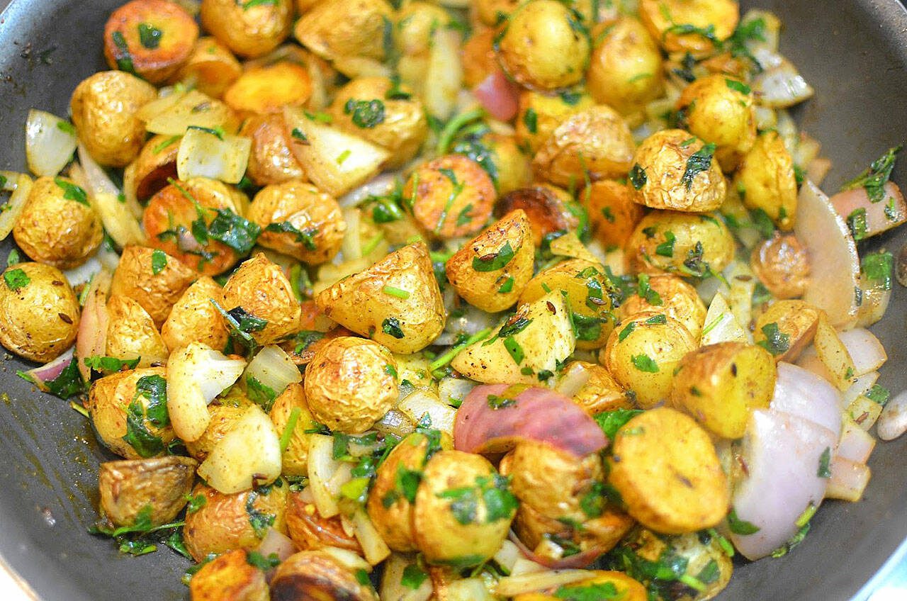 This baby potato and fenugreek stir fry makes a great filling for a pita bread sandwich. (Reshma Seetharam)