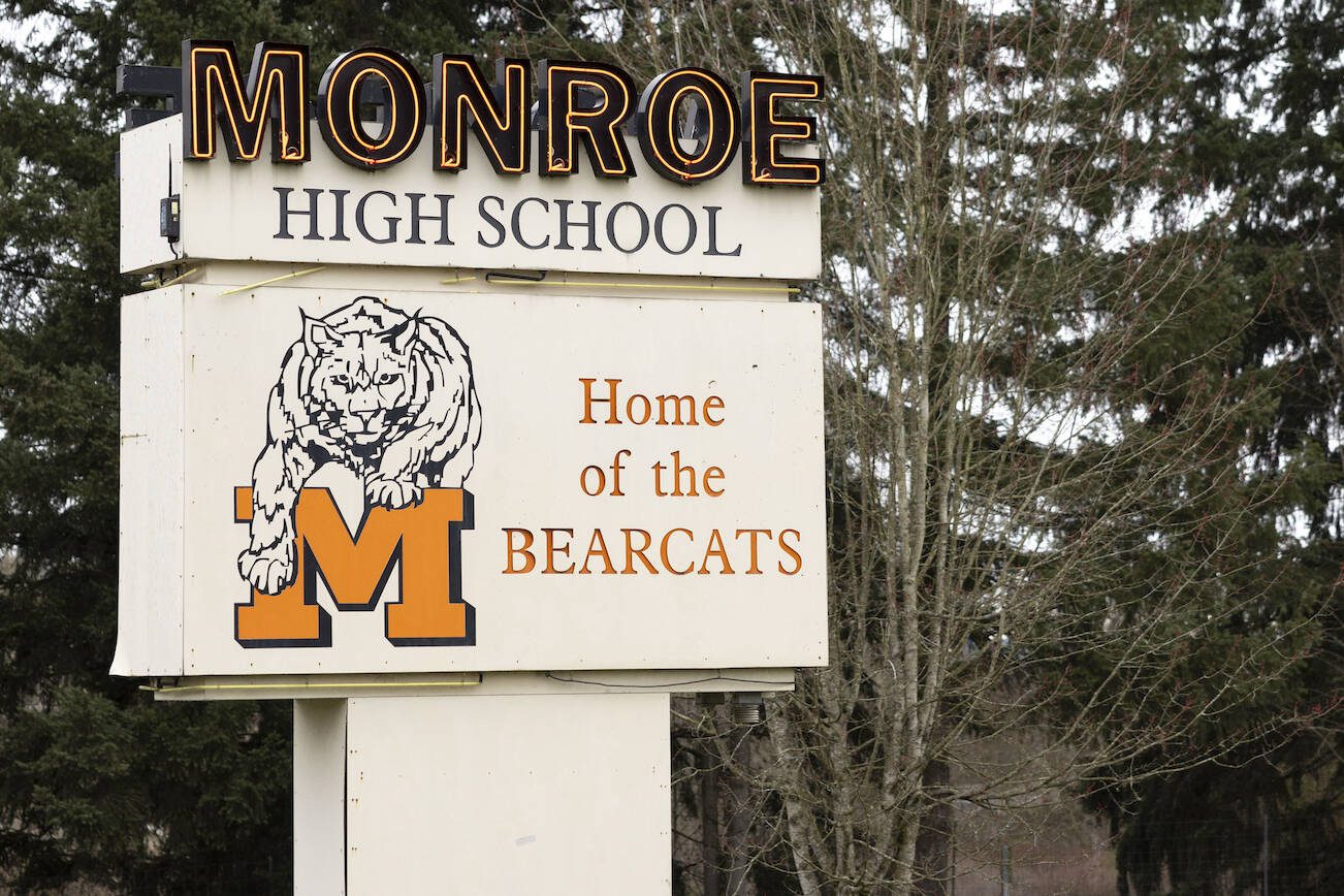 The Monroe High School sign as seen on March 1, 2024, in Monroe, Washington. The school district provides free drug and alcohol treatment services to students at Monroe High School, Hidden River Middle School, Park Place Middle School and Leaders in Learning High School. (Photo by Evan Morud)