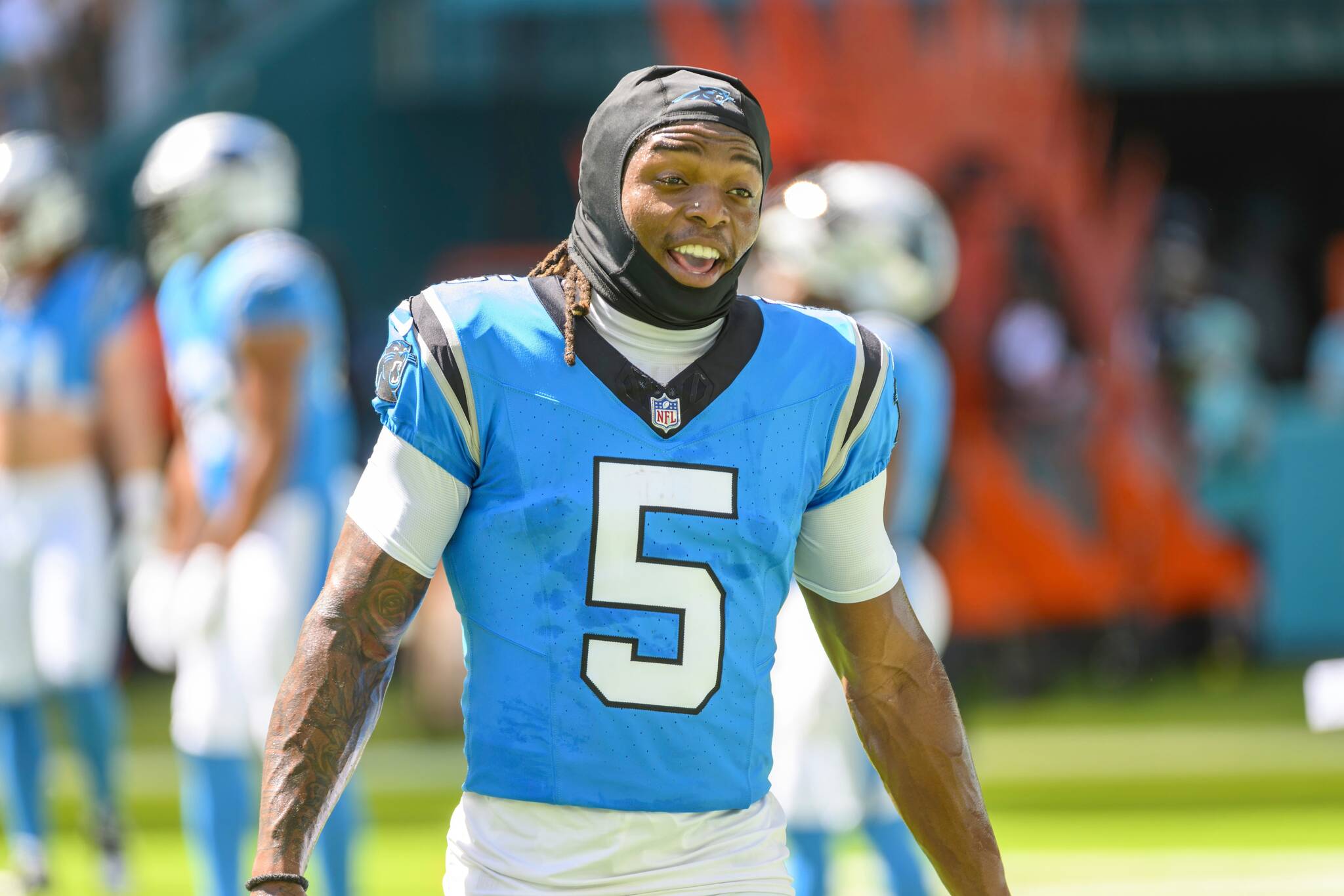 The Seattle Seahawks reportedly signed former Carolina Panthers wide receiver Laviska Shenault Jr. (5). (AP Photo/Doug Murray)