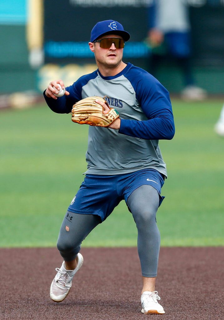 Everett AquaSox third baseman Ben Williamson fields grounders during practice Tuesday, April 2, 2024, at Funko Field in Everett, Washington. (Ryan Berry / The Herald)

