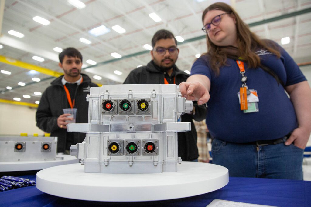 Many pieces of machinery, including this bidirectional inverter, are out for display during an event at ZeroAvia’s new facility on Wednesday, April 24, 2024, near Paine Field in Everett, Washington. (Ryan Berry / The Herald)
