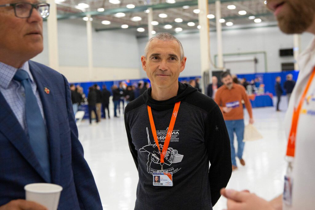 Val Miftakhov, CEO and founder of ZeroAvia, joins Gov. Jay Inslee on a brief tour during an event at ZeroAvia’s new facility on Wednesday, April 24, 2024, near Paine Field in Everett, Washington. (Ryan Berry / The Herald)
