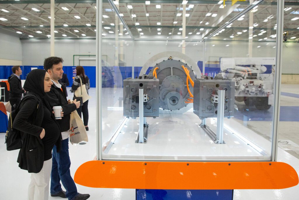 A hydrogen-powered motor is displayed during an event at ZeroAvia’s new facility on Wednesday, April 24, 2024, near Paine Field in Everett, Washington. (Ryan Berry / The Herald)
