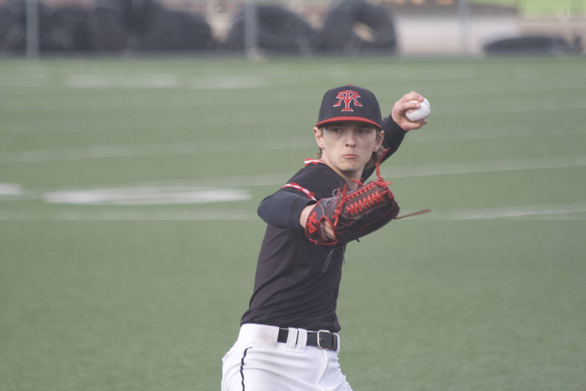 Mountlake Terrace’s Ryan Sturgill throws a pitch during a prep baseball game between the Hawks and Cedarcrest on Wednesday at Mountlake Terrace High School. Mountlake Terrace came from behind to win 3-2. (Taras McCurdie / The Herald)