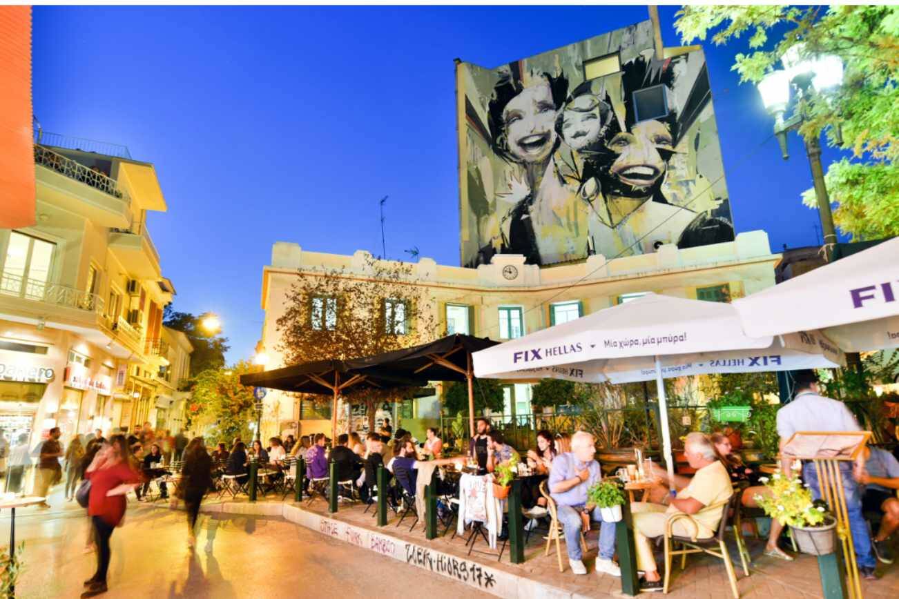 In the “rickety-chic” Psyrri neighborhood of Athens, you’ll find slick outdoor restaurants next to vibrant street art. (Cameron Hewitt)