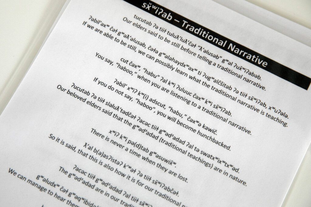 A traditional Lushootseed story translated into English is available for reading Wednesday, April 3, 2024, at the Darrington Public Library in Darrington, Washington. (Ryan Berry / The Herald)
