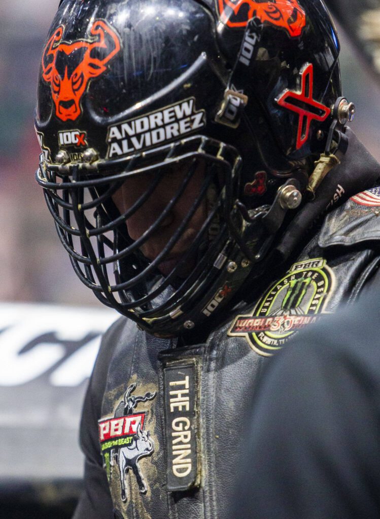 Andrew Alvidrez waits in the chutes for his turn during PBR Everett at Angel of the Winds Arena on Wednesday, April 17, 2024 in Everett, Washington. (Olivia Vanni / The Herald)
