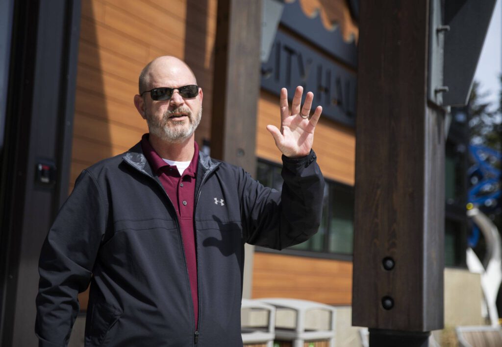 City Manager Jeff Niten talks about some of the development plans for the Mountlake Terrace Town Center on Wednesday, April 10, 2024 in Mountlake Terrace, Washington. (Olivia Vanni / The Herald)
