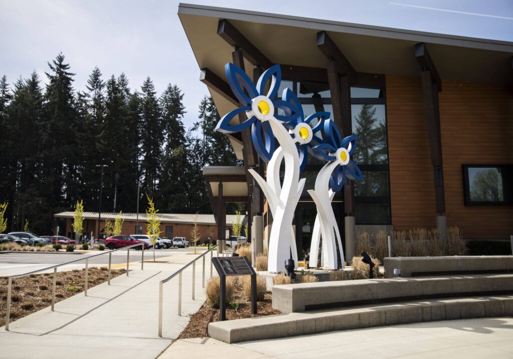 The recently build Mountlake Terrace City Hall on Wednesday, April 10, 2024 in Mountlake Terrace, Washington. (Olivia Vanni / The Herald)
