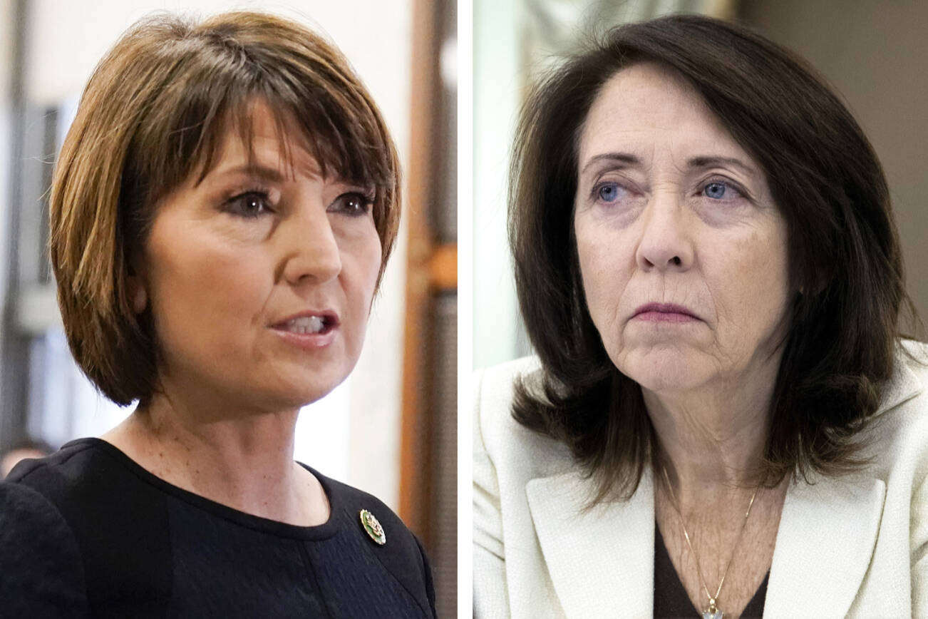 This combination of photos taken on Capitol Hill in Washington shows Rep. Cathy McMorris Rodgers, R-Wash., on March 23, 2023, left, and Sen. Maria Cantwell, D-Wash., on Nov. 3, 2021. The two lawmakers from opposing parties are floating a new plan to protect the privacy of Americans' personal data. The draft legislation was announced Sunday, April 7, 2024, and would make privacy a consumer right and set new rules for companies that collect and transfer personal data. (AP Photo)