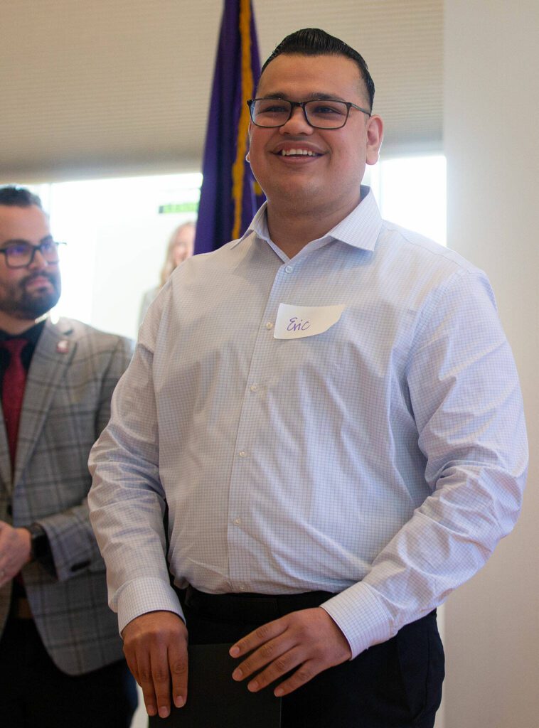 Finalist Eric Jimenez steps forward for recognition during the 2024 Snohomish County Emerging Leaders Awards Presentation on Wednesday, April 17, 2024, in Everett, Washington. (Ryan Berry / The Herald)
