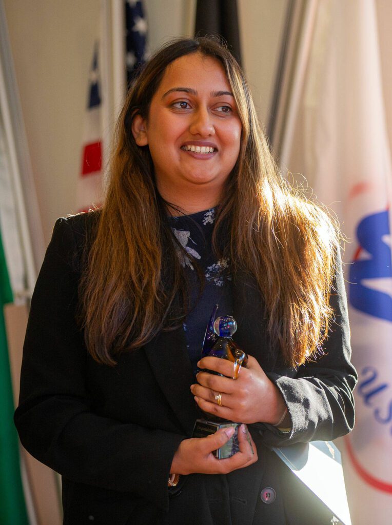 Winner Simreet Dhaliwal is recognized during the 2024 Snohomish County Emerging Leaders Awards Presentation on Wednesday, April 17, 2024, in Everett, Washington. (Ryan Berry / The Herald)
